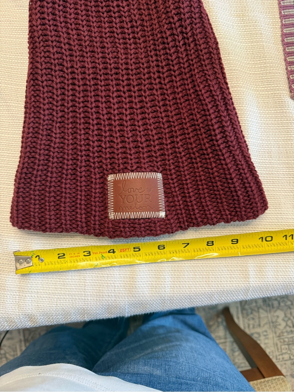 Chunky Knit Beanie with Leather Patch - Burgundy - Picture 3 of 3